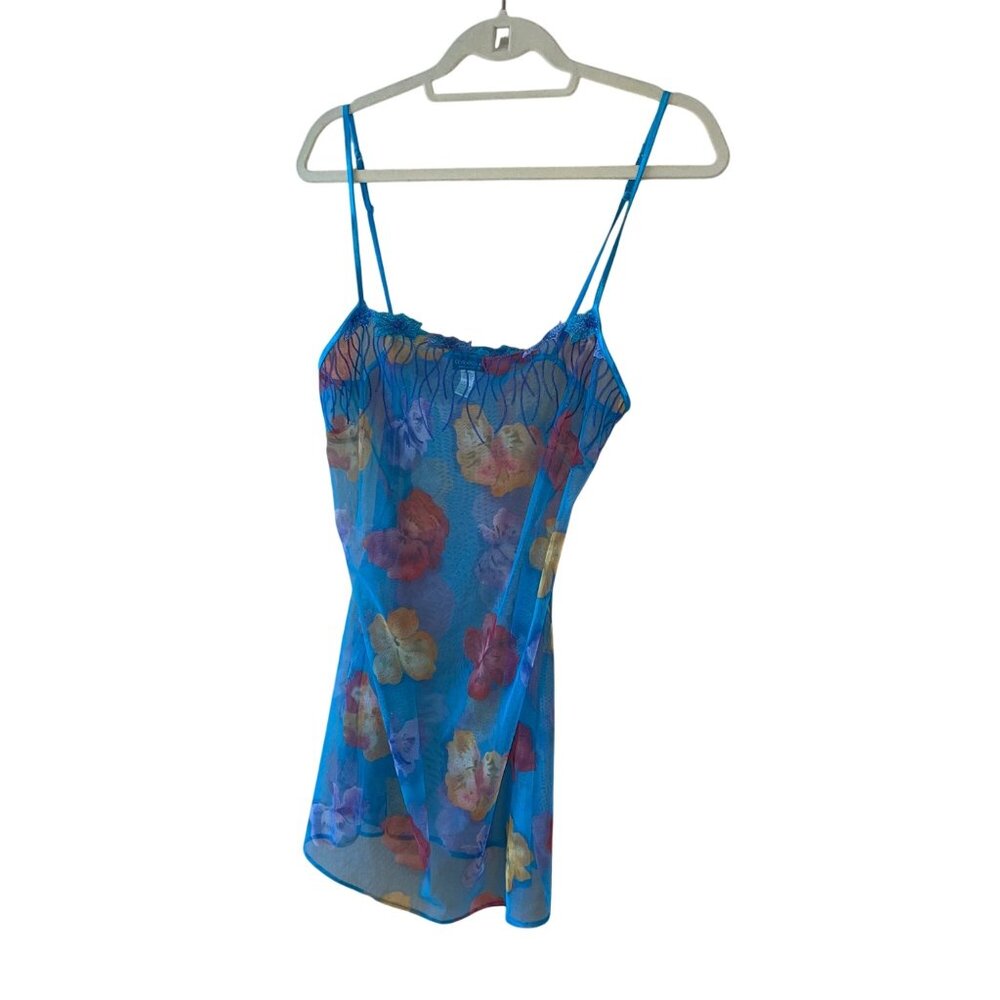 Cosabella Vintage Womens Nightgown Size L Blue Lingerie Slip Floral Sheer Mesh